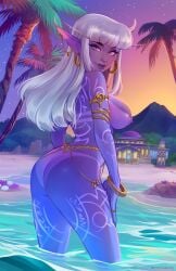 1girls amelette big_breasts blizzard_entertainment female female_only momodeary nightborne nude original_character purple_skin solo tanline tattoo voluptuous voluptuous_female warcraft white_hair wide_hips world_of_warcraft