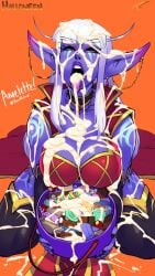 1girls amelette big_breasts blizzard_entertainment bukkake cum cum_in_mouth cum_on_breasts cum_on_face cum_on_tongue fakeryway female female_only nightborne nude original_character purple_skin solo tattoo tongue tongue_out voluptuous voluptuous_female warcraft white_hair wide_hips world_of_warcraft