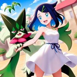 1girls ai_assisted blue_eyes blue_hair blue_sky clothed clothing dancing female female_focus green_male hairclip jewelry liko_(pokemon) medium_breasts meowscarada neckalce pale-skinned_female pale_skin pokemon pokemon_(species) pokemon_horizons sheer_clothing siren_module smile sundress tilted_camera white_dress