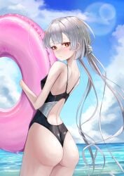 absurdres ass ass_focus back back_focus cloud duel_monster female grey_hair highres huge_ass innertube long_hair looking_back one-piece_swimsuit racerback red_eyes sky sky_striker_ace_-_roze solo swim_ring swimsuit thong triangle_del twintails water yu-gi-oh!