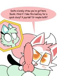 3:4 accurate_art_style animal_genitalia animal_penis anthro blush blush_lines bodily_fluids canid canine canine_genitalia canine_penis cheek_tuft chikn_nuggit countershade_fur countershading cutaway dialogue duo erection eyelashes facial_tuft female first_person_view flirting fluffy fluffy_tail fox ftg_crossgender fti_crossgender fur fur_markings furry futanari genitals gloves_(marking) green_body green_eyes green_fur head_tuft hi_res imminent_oral imminent_sex intersex km-15 knot knotted_penis light_body light_fur mammal markings milkshek_(chikn_nuggit) multicolored_body multicolored_fur offering_sex open_mouth paws penis pie_cut_eyes pink_body pink_fur pink_penis pupils rule_63 scaroused simple_background slushi_(chikn_nuggit) small_pupils speech_bubble spread_legs spreading sweat sweatdrop tail teasing text tuft two_tone_body two_tone_fur white_background wide_eyed yellow_eyes