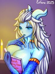1girls big_breasts blizzard_entertainment blue_skin book breasts draenei eviane female female_only horns nude original_character ouch_meme pyrista solo voluptuous voluptuous_female warcraft white_hair wide_hips world_of_warcraft