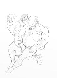 arm_hair bald bara bondage chest_hair chubby_male clothed_male_nude_male collar glove hairy_male handjob heavy_weapons_guy leg_hair medic_(team_fortress_2) nude nude_male penis strongfat submissive_male team_fortress_2 unicornsandbutane