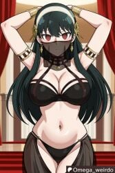 1girls ai_generated belly_dancer belly_dancer_outfit belly_dancing big_breasts black_hair cleavage dancer dancer_outfit dancing emotionless empty_eyes female hairband harem_outfit huge_breasts long_hair looking_at_viewer male midriff mouth_veil navel no_pupils omega_weirdo patreon red_eyes spy_x_family veil yor_briar yor_forger