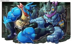 ambiguous_gender anthro black_body black_fur blue_body bronzor bulge canid canine clothing destruction digital_creature duo elemental_creature feet felid foot_fetish foot_on_bulge foot_play fur generation_1_pokemon generation_3_pokemon generation_4_pokemon growth hi_res inside lucario lunatone luxray macro male male/male mammal mane muscular muscular_male nintendo pokemon pokemon_(species) pokemon_mystery_dungeon porygon porygon-z scarf solrock speedo spike_chunsoft spines swimwear tower wolfmalro