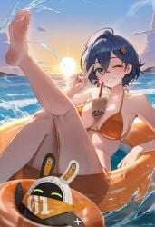 ai_generated bangboo_(zenless_zone_zero) belle_(zenless_zone_zero) blue_hair boba_tea bra breasts feet feet_up looking_at_viewer peace_sign swimsuit swimwear water winking_at_viewer zenless_zone_zero