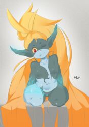 1girls 2018 ass big_hair black_skin blonde_hair blush breasts fangs female female_only fluffbug grey_skin humanoid imp imp_midna long_hair looking_away markings midna midriff navel nintendo orange_hair pussy red_eyes sitting small_breasts solo the_legend_of_zelda thick_thighs twili twilight_princess video_games yellow_sclera