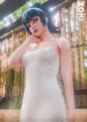1female 1girls 3d blue_eyes blue_eyeshadow blue_hair blue_lipstick epic_games eyeshadow female female female_only fortnite fortnite:_battle_royale hope_(fortnite) in_water light-skinned_female light_skin lipstick looking_at_viewer makeup mokinawa ponytail shadow_blade_hope_(fortnite) solo solo_female standing tagme towel towel_only wet wet_body