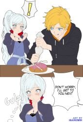 1boy 1girls blonde_hair blue_eyes comic_page cooking dialogue english english_dialogue english_text ibanews1 jaune_arc long_hair ponytail rwby speech_bubble sweets tagme weiss_schnee white_hair