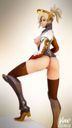 3d absurdres areolae ass blender blonde_hair breasts dat_ass female female_only highres looking_at_viewer looking_back mercy nipples overwatch pussy solo thighhighs vyxor