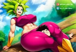 1boy 1girls ai_generated dragon_ball dragon_ball_super dragon_ball_z head_between_legs head_between_thighs headscissor kefla leggings narrow_waist patreon sportswear t8r thick_ass thick_thighs thighs wide_hips