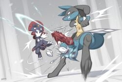 2025 3_fingers 3_toes absurd_res animal_genitalia animal_penis anthro ballbusting balls biped blue_body blue_fur blue_tail bruised canine_genitalia canine_penis chest_spike claws clenched_teeth cock_and_ball_torture digital_media_(artwork) duo ejaculation erection feet fingers fur generation_4_pokemon genital_torture genitals grey_body grey_fur hand_spike hands-free hi_res knot knotted_penis looking_at_another lucario male nintendo nude nude_anthro nude_male outside penis pokemon pokemon_(species) red_eyes sheath snow spikes spikes_(anatomy) tail teeth toe_claws toes weavile winter zinfyu