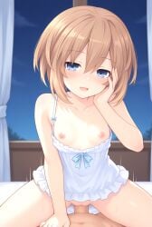 1boy 1girls ai_generated bedroom bedroom_eyes blanc blush breasts breasts_out brown_hair cowgirl_position gentle_smile half-closed_eyes hand_on_face hand_on_own_face in_bed indigo_eyes naked naked_male neptunia_(series) night nightgown nipples nude nude_male penis_in_pussy pov sex short_hair small_breasts smile vaginal_penetration