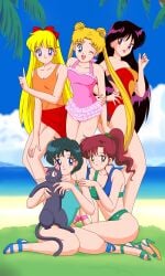 5girls absurd_res alluring ami_mizuno barefoot_sandals_(jewelry) beach bikini bishoujo_senshi_sailor_moon blonde_hair blue_eyes breasts feline female high_res luna_(sailor_moon) makoto_kino medium_breasts minako_aino multiple_girls official_art one-piece_bikini one_eye_closed outdoors pareo red_eyes rei_hino smile swimsuit tagme toes usagi_tsukino