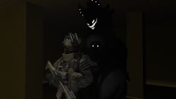 acerattman apexofmods backrooms backrooms_creature big_ass big_breasts cryptiacurves female gun karelia_(acerattman) military_uniform naked naked_female pierced_ears pierced_nipples piercing piercings sfm soldier source_filmmaker taller_female weapon