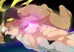 2boys abs bara bare_pectorals biceps black_hair closed_eyes completely_nude cross_scar dark-skinned_male dark_skin english_commentary fat french_kiss halakuya headband highres hunk_(voltron) kissing male_focus mechanical_arms multicolored_hair multiple_boys muscular muscular_male navel nude pectorals plump scar scar_on_arm scar_on_chest scar_on_face scar_on_nose scar_on_stomach single_mechanical_arm sky star_(sky) starry_sky takashi_shirogane voltron:_legendary_defender voltron_(series) white_hair yaoi yellow_headband
