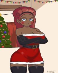 angry angry_expression angry_face black_gloves black_socks blue_eyes brown_hair brown_skin brunette_female christmas christmas_clothing christmas_dress christmas_outfit crossed_arms fhs fhsz3r0 fnafhs fnafhs_z3ro fnafhsrule34 fnafhsxxx frustrated frustration gloves looking_at_viewer red_hair santoo115 socks toddy_(fnafhs)