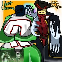 1x1x1x1 1x1x1x1_(forsaken) angry_expression artlurkervx big_breasts blocky_body crossing_arms female forsaken_(roblox) gasharpoon_john_doe girly green_body john_doe_(forsaken) john_doe_(roblox) roblox roblox_game robloxian rule_63 sweatdrop teasing thick_thighs yellow_body
