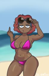 alternate_version_at_source alternate_version_available beach bikini blue_eyes brown_skin fhs fhsz3r0 fnafhs fnafhs_z3ro fnafhsrule34 fnafhsxxx frustrated looking_at_viewer middle_finger red_hair santoo115 swimsuit toddy_(fnafhs)