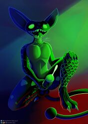 absurd_res anthro balls balls_outline black_body bodily_fluids bulge claws crouching cum cumshot detailed_bulge ejaculation feet genital_fluids genital_outline genitals glowing glowing_body glowing_cum glowing_eyes glowing_genitalia glowing_penis green_body green_eyes hi_res humanoid_genitalia humanoid_penis kneeling kneeling_on_ground kneeling_position long_ears long_tail male masturbation on_one_knee penis pinup pleased pleased_expression pose scales scalie shaded sharp_teeth slim slim_anthro slim_male tail teeth teeth_showing toe_claws toes unusual_bodily_fluids unusual_cum unusual_genital_fluids
