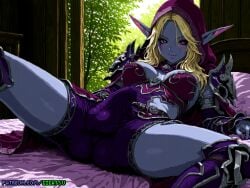ai_generated armor bed bedroom blizzard_entertainment erection futa_only futanari gigatsu looking_at_viewer pixel_art pointy_ears seductive spread_legs sylvanas_windrunner visible_penis world_of_warcraft