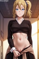 1girls ai_generated blonde_hair blue_eyes female female_only hair_between_eyes hayasaka_ai kaguya-sama_wa_kokurasetai_~tensai-tachi_no_renai_zunousen~ long_hair looking_at_viewer medium_breasts navel patreon pussy pussy_peek salupai side_ponytail skirt_down solo solo_female stomach uncensored undressing watermark