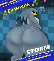 albatross anthro ass avian backsack balls big_balls big_butt bird black_sclera bottom_heavy exclamation_point eyewear eyewear_on_head flaccid flamez gameplay_mechanics genitals goggles goggles_on_head hi_res huge_butt looking_back male pear-shaped_figure penis procellariiform question_mark sega shocked solo sonic_(series) sonic_riders sonic_the_hedgehog_(series) storm_the_albatross thick_thighs wide_hips