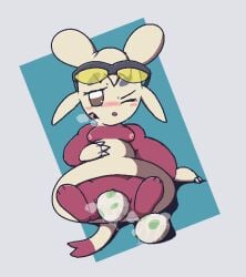 1girls 2024 anthro areola biped blush bodily_fluids breasts breath brown_eyes censored_version_at_source colored egg egg_from_vagina egg_laying eyebrows_(marking) eyewear eyewear_on_head female female_only front_view genital_fluids genitals hand_on_own_belly jaki-kun_(character) low-angle_view lying markings mienfoo naked nintendo nipples nude oagoner on_back on_ground one_eye_closed open_mouth pokémon_(species) pokemon pokemon_(species) pokemon_egg pseudo_clothing pussy red_body simple_background solo sunglasses sunglasses_on_head tail vaginal_fluids vulva white_markings