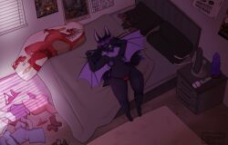 absurd_res air_conditioner anthro bat bat_plushie bed bedding bedroom black_hair blanket blinds bodily_fluids body_pillow clothed clothes_on_floor clothing dark_room dildo ear_piercing eyewear fangs female fur furniture glasses hair hand_covering_face hi_res highlights_(coloring) leaf-nosed_bat mammal microbat neck_tuft nipple_piercing nipples panties panties_only piercing pillow plushie poster purple_body purple_fur purple_highlights red_clothing red_panties red_underwear rug sex_toy solo sweat teeth tinted_glasses topless trinitynight tuft underwear underwear_only vampire vampire_bat vibrator victoria_windsong wand_vibrator wearing_glasses winged_arms wings yangochiropteran