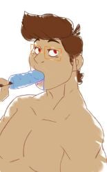 blush_lines brown_hair bwabwamoonie chance_(date_everything) date_everything glasses mouth_focus muscular muscular_male no_shading penis_popsicle popsicle popsicle_in_mouth popsicle_melting red_eyes shirtless shirtless_male