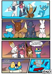 1girls 3boys amphibian anthro anthro_female anthro_male anthro_only ass avian avian_male balls birbpan breasts bsky_link eevee eeveelution female froakie furry furry_female furry_male male nintendo nude penis pokemon pokemon_(species) realization scalie scalie_male scorbunny sitting snout taillow