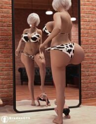 1boy 1girls 3d ass big_ass big_breasts bradengts breasts clothing cow_print female femboy giantess huge_ass huge_breasts light-skinned_female light-skinned_male light_skin macro male micro mirror nier nier:_automata short_hair shrunk shrunken_male size_difference stepped_on trap white_hair yorha_2b yorha_9s