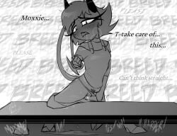 2025 2_horns 4_fingers aroused bite biting_lip biting_own_lip black_text bodily_fluids bottomwear bottomwear_down breath clothed clothing clothing_aside cloven_hooves demon demon_humanoid drooling english_text eyelashes female female_humanoid fingers genital_fluids grey_text greyscale hair helluva_boss holding_tail hooves horn humanoid imp in_heat long_eyelashes markings millie_(helluva_boss) moan mole_(marking) monochrome moxxie_(helluva_boss) not_furry offscreen_sex panties panties_aside pants pants_down partially_clothed potatonebula pubes pupils repeated_internal_monologue requesting saliva saliva_on_face self_bite sequence sex_request shaking shirt short_hair signature slit_pupils solo spade_tail stuttering sweat sweaty_face tail teeth text topwear trembling underwear underwear_aside undressing vaginal_fluid_string vaginal_fluids