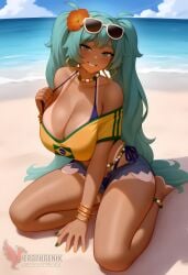 1girls 2d ai_generated aqua_hair ass barefoot big_ass big_breasts bikini bracelet brazilian_miku breasts dark-skinned_female earrings erophoenix eyewear_on_head feet full_body grin hair_flower hair_ornament hatsune_miku huge_breasts jewelry kneeling long_hair looking_at_viewer looking_back nail_polish patreon_username shorts smile soles solo solo_female sunglasses swimsuit tan tellow_shirt thick thick_thighs toes uncensored vocaloid