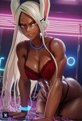 abs ai_generated boku boku_no_hero_academia bra bunny_girl crossed_arms dark_skin large_breasts mirko muscular_arms muscular_female my_hero_academia panties pornlandlord red_eyes thick_thighs usagiyama_rumi white_hair