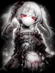 1boy blur_censor breasts censored closed_mouth clothes_lift cum cum_in_pussy cum_overflow doll_joints dress dress_lift eudie_(shadowverse) female greyscale hat highres joints kupa_(jesterwii) lifting_own_clothes long_hair long_sleeves looking_at_viewer mini_hat monochrome orchis penis puffy_long_sleeves puffy_sleeves pussy red_eyes sex shadowverse sideways_hat small_breasts spot_color straight twintails vaginal_penetration young
