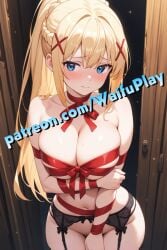 ai_generated almost_naked big_breasts black_clothing blonde_hair blue_eyes blush curvy darkness_(konosuba) exposed_breasts garter_belt kono_subarashii_sekai_ni_shukufuku_wo! long_hair naked red_ribbon seductive shy waifuplay