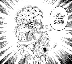 1girls 1monster breasts cropped cursed_spirit english_text female gege_akutami_(artist) groping groping_breasts groping_from_behind jujutsu_kaisen jujutsu_kaisen_0 manga manga_page monochrome monster official_art rape saito's_daughter sexual_assault speech_bubble sweater violation