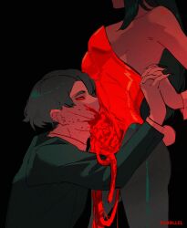 1boy 1other black_background black_hair black_pants black_suit blood blood_spray colored_sclera eating ero_guro exposed_muscle fingernails guro hair_over_one_eye highres holding_hands intestines kneeling leaning_on_person organs original pants par0llel red_robe red_sclera robe sharp_fingernails short_hair standing suit
