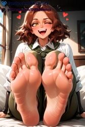 1girls ai ai_assisted ai_generated anime artist_name barefoot blush brown_hair collared_shirt dibzprintz elden_ring fansly feet female foot_focus foreshortening fromsoftware green_pants heart hi_res high_quality high_resolution highres indoors looking_at_viewer medium_hair melina_(elden_ring) on_bed one_eye_closed open_mouth pants parted_bangs patreon_username shirt sitting smile soles solo teeth toenails toes twitter_username upper_teeth_only watermark white_shirt window yellow_eyes