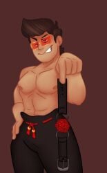 ball_gag bondage bondage_gear brown_hair brown_hair_male bwabwamoonie chance_(date_everything) d20 dark_hair dark_hair_male date_everything dominant dominant_male dungeon_master_(game) gay glasses male muscular muscular_male nerd nerdy_male red_eyes red_glasses shirtless shirtless_male smirk smug smug_expression smug_face smug_grin smug_smile