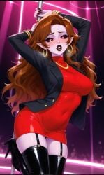 ai_generated big_ass black_jacket blush brown_hair female female_only friday_night_funkin jewelry legitimate long_hair long_nails messy_hair milf mommy mommy_mearest pole pole_dancer pole_dancing red_dress red_eyes solo solo_female stripper_pole thick_hair thick_thighs