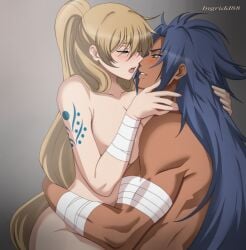 1boy 1boy1girl 1girls big_breasts blonde_hair blue_eyes cowgirl_position crane_yuzuriha female gemini_defteros green_eyes ingridd88 light-skinned_female long_hair male male/female muscular nude nude_female nude_male ponytail saint_seiya saint_seiya:_the_lost_canvas sex tanned_skin vaginal_penetration very_long_hair