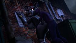 alleyway animatronic anthro_on_human big_ass big_breasts black_body black_eye box cum cum_in_pussy cum_inside five_nights_at_freddy's fnaf heart-shaped_pupils lefty_(fnaf) metallic_body michael_afton purple_skin rain raining red_hat sex trash_can white_pupil zombie