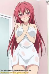 1girl bath bathroom big_breast big_breasts blush blushing breasts female hands_on_breasts huge_breasts naked_towel naruse_mio oppai red_hair red_hair_female shinmai_maou_no_testament shinmai_maou_no_testament_departures solo standing towel towel_only wet wet_body wet_skin