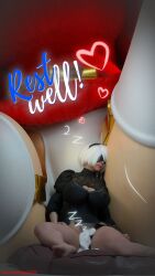 1boy 2girls 3d anon ass big_ass big_breasts blindfold breasts clothing english_text female giantess hairband huge_breasts light-skinned_female light_skin macro male mario_(series) micro mini_giantess nier nier:_automata nintendo ravenkinggts short_hair shy_gal size_difference sleeping super_mario_bros. text thick_thighs thighhighs white_hair yorha_2b