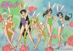 1990s_(style) 5girls alluring ami_mizuno animal_ears arms_up artemis_(sailor_moon) bare_legs bare_shoulders bishoujo_senshi_sailor_moon bishoujo_senshi_sailor_moon_r black_eyes black_hair blonde_hair blue_eyes blue_footwear blue_hair blue_leotard brown_hair cleavage double_bun fake_animal_ears fake_tail feline female female_focus flower green_footwear green_leotard grey_footwear grey_leotard hair_bun high_heels high_ponytail holding holding_tray legs leotard logo long_hair looking_at_viewer luna_(sailor_moon) makoto_kino minako_aino multiple_girls official_art one_eye_closed open_mouth orange_footwear orange_leotard pink_footwear pink_leotard playboy_bunny ponytail pumps purple_leotard rabbit_ears rabbit_tail rei_hino retro_artstyle rose short_hair smile standing strapless strapless_leotard tadano_kazuko tail tray twintails twisted_torso usagi_tsukino very_long_hair w white_cat wink wrist_cuffs