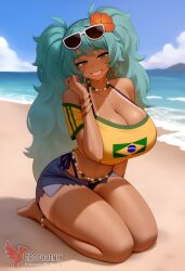 1girls 2d ai_generated aqua_hair ass barefoot big_ass big_breasts bikini bracelet brazilian_miku breasts dark-skinned_female earrings erophoenix eyewear_on_head feet full_body grin hair_flower hair_ornament hatsune_miku huge_breasts jewelry kneeling long_hair looking_at_viewer looking_back nail_polish patreon_username shorts smile soles solo solo_female sunglasses swimsuit tan tellow_shirt thick thick_thighs toes uncensored vocaloid