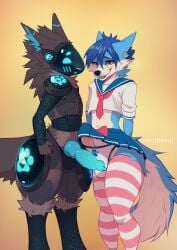 absurd_res anthro armor big_penis blue_body blue_penis blue_visor bottomwear canid canine canis clothing dancrescentwolf duo english_text femboy furry genitals grey_body heart_symbol hi_res knot knotted_penis legwear machine male male/male mammal married_couple orange_eyes paw_symbol penis protogen school_uniform skirt t3ryx text thigh_highs uniform whiro_wolf wolf