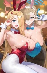 2girls alternate_costume animal_ears aqua_bow aqua_bowtie asuna_(blue_archive) asuna_(bunny)_(blue_archive) bare_shoulders blonde_hair blue_archive blue_eyes blue_halo blush bow bowtie breasts detached_collar duplicate fake_animal_ears fake_tail hair_ornament hair_over_one_eye hairband halo hand_up highres large_breasts long_hair looking_at_viewer multicolored_hair multiple_girls nhaliz oerba_yun_fang official_alternate_costume one_eye_covered pantyhose pina_(blue_archive) pixel-perfect_duplicate playboy_bunny rabbit_ears rabbit_tail red_hair red_hairband red_halo sideboob skin_fang smile streaked_hair tail v white_hairband white_pantyhose